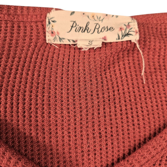 Pink Rose Rust Orange Waffle Knit Tie-Front Button Short Sleeve Shirt - Picture 3 of 6